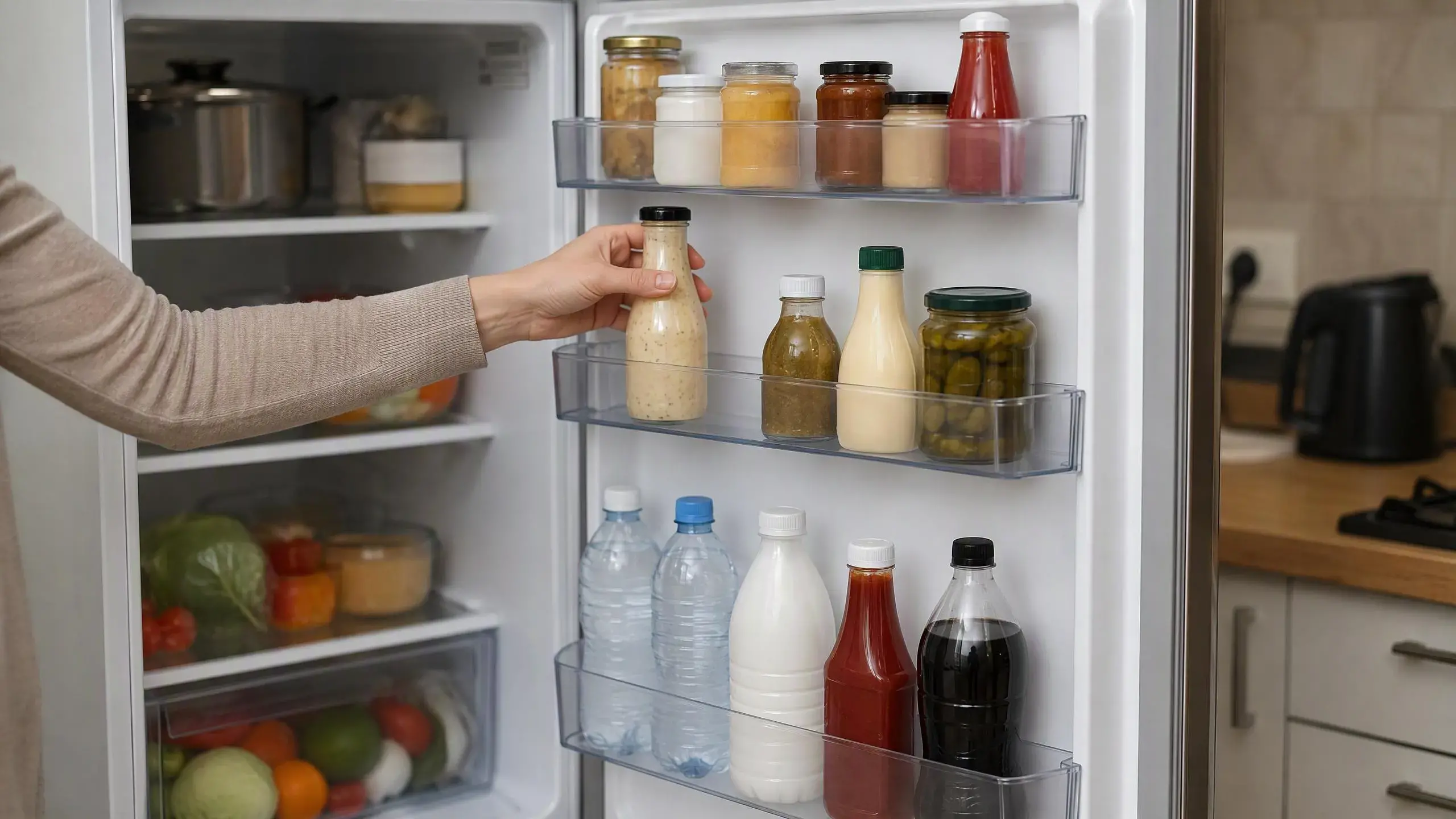Продукты и напитки на дверце холодильника