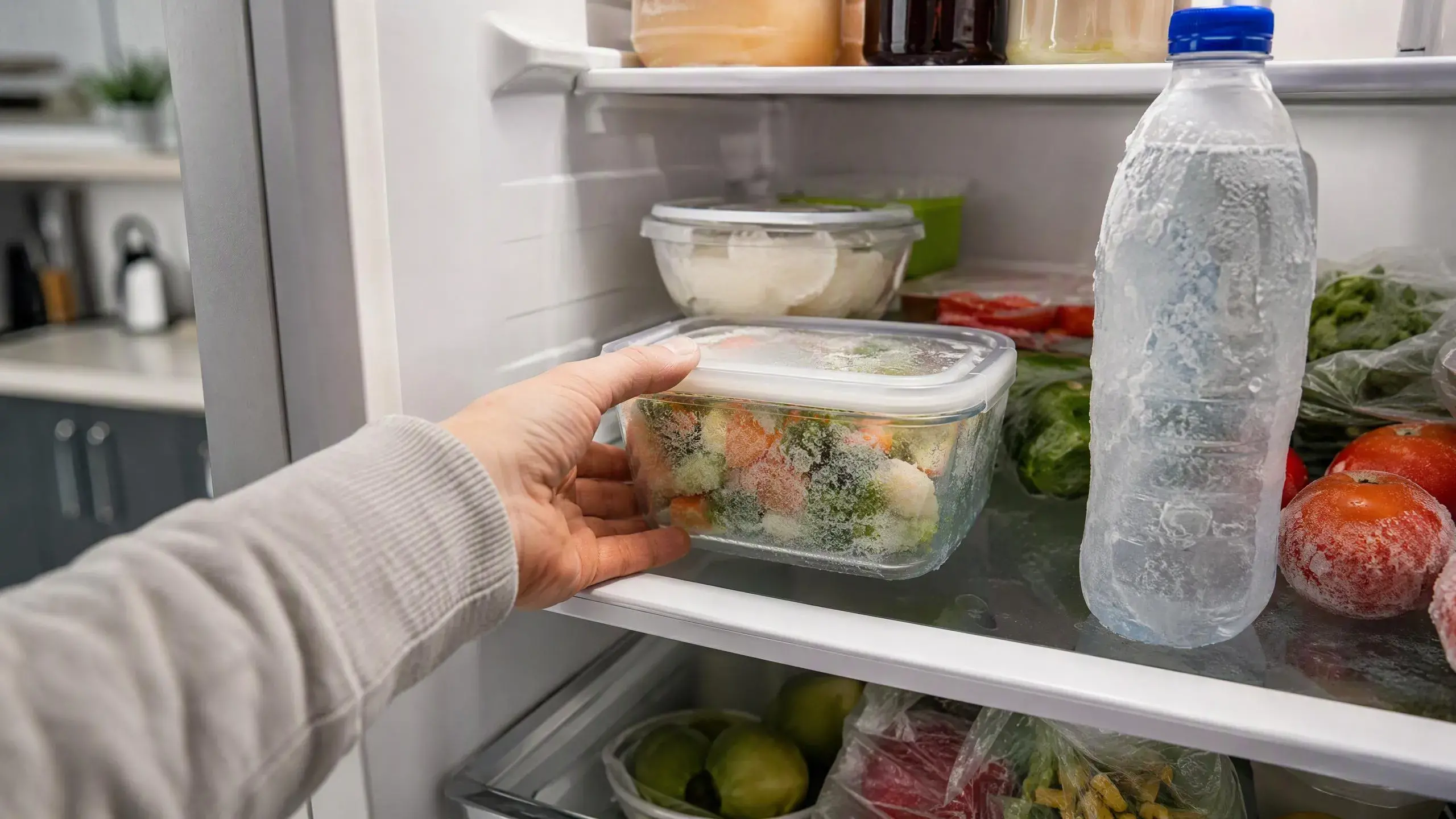Замёрзшие продукты на полке холодильника